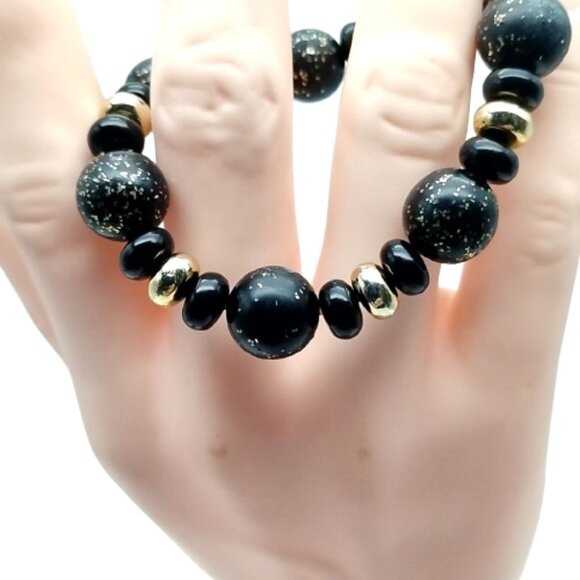 Black Beaded Stretch Bracelet with Gold Accents - Boho Chic Statement Jewelry - Picture 9 of 11